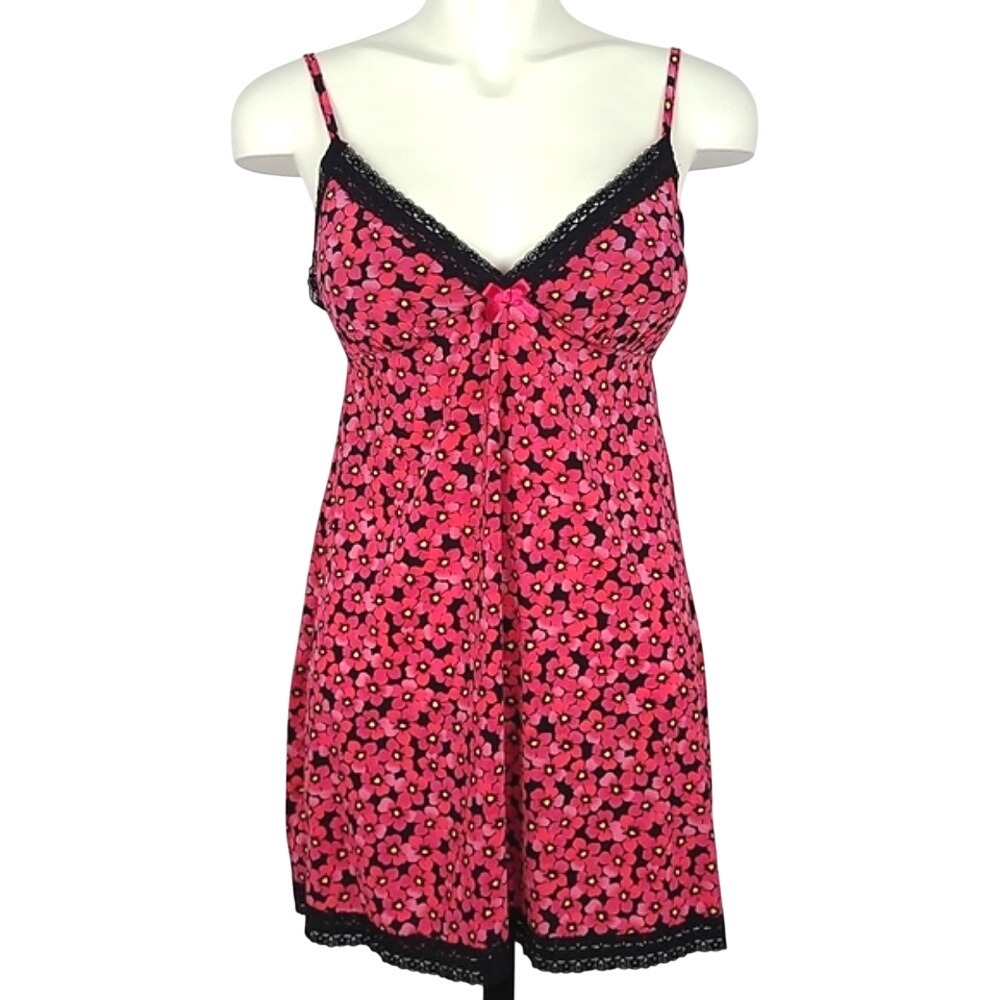 La Senza Women's Pink Floral Lace Trim Chemise Slip Dress L